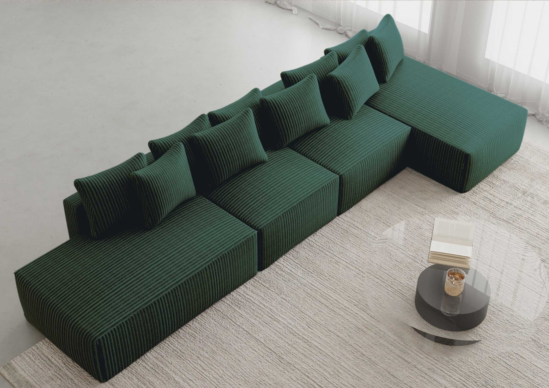 Duży zielony narożnik prawy sofa rozkładana w stylu industrialnym